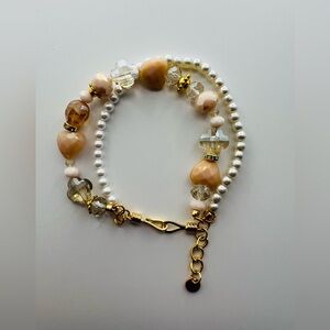 Two-Strand Faux Pearl & Pink Crystal Bracelet